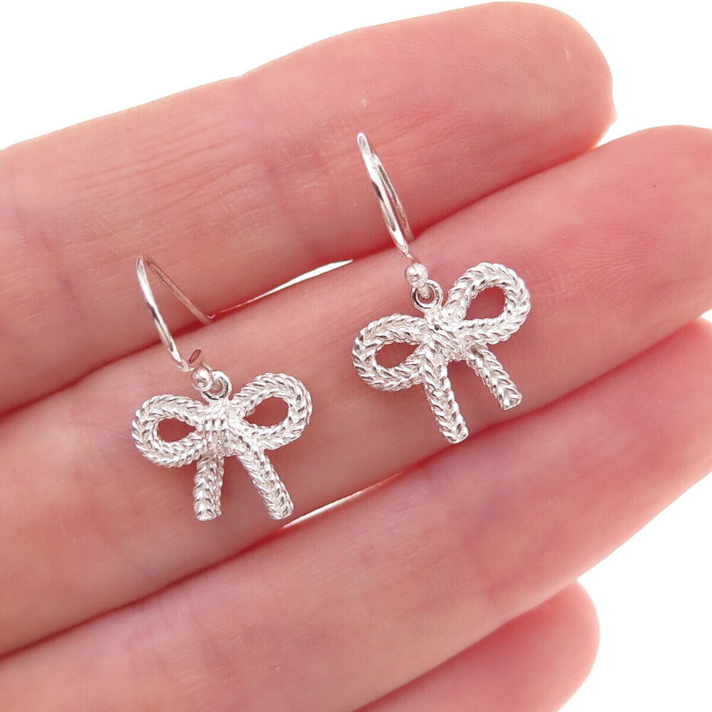 925 Sterling Silver Ribbon Bow Dangle Earrings